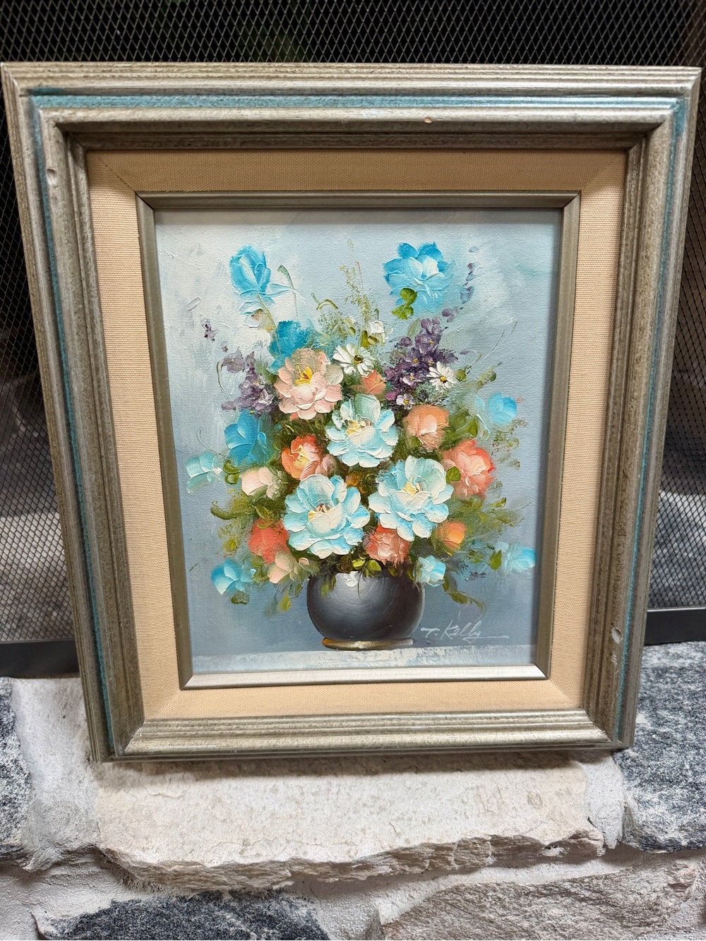 Vintage T Kelly Original Oil Painting Bouquet Wall Art - Blue Orange and Cream